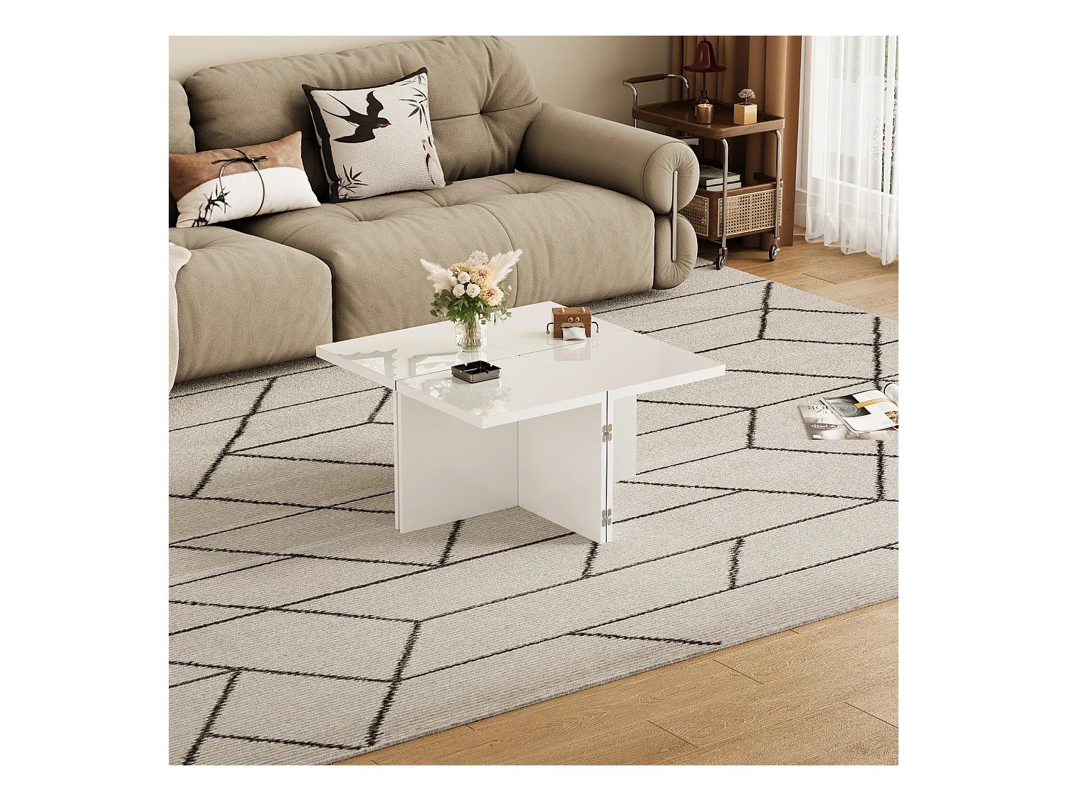 Table basse convertible - 81 x 81 x 40 cm - Panneau de particules - Plateau de table brillant - Blanc