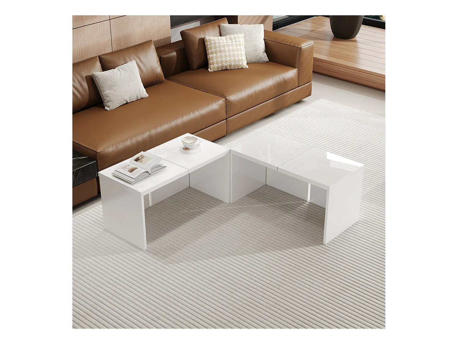 Table basse convertible - 81 x 81 x 40 cm - Panneau de particules - Plateau de table brillant - Blanc