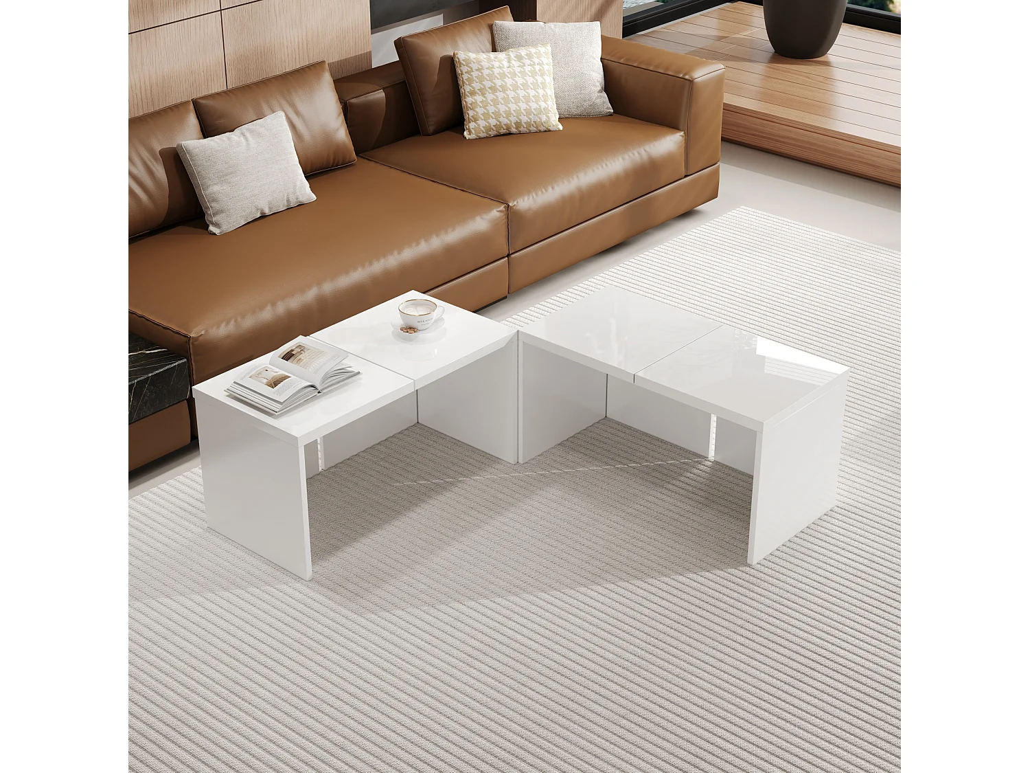 Table basse convertible - 81 x 81 x 40 cm - Panneau de particules - Plateau de table brillant - Blanc