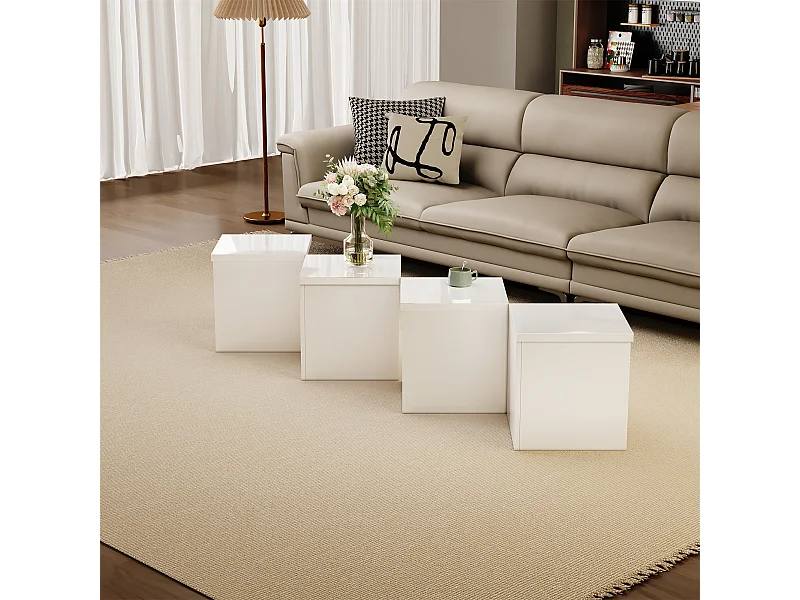 Table basse convertible - 81 x 81 x 40 cm - Panneau de particules - Plateau de table brillant - Blanc