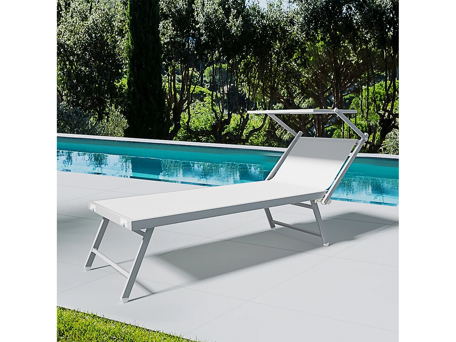 Lettino Prendisole Pieghevole Professionale in Alluminio e Tessuto Textilene Tettuccio Orientabile Parasole Sdraio Mare Spiaggia 182x60x38 cm Bianco