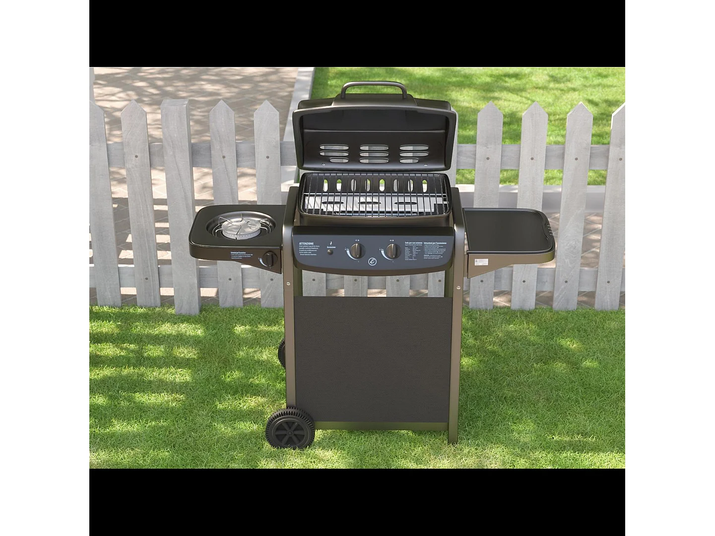 Barbecue A Gas Con Fuoco Bruciatore Laterale BBQ Coperchio Termometro Griglia Grill Ruote Compatto In Acciaio Giardino Esterno 112x52.5x96.5 Cm Nero