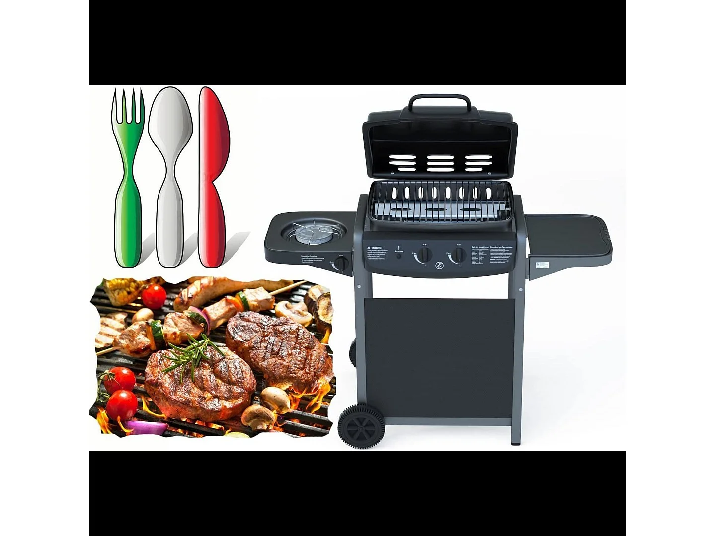 Barbecue A Gas Con Fuoco Bruciatore Laterale BBQ Coperchio Termometro Griglia Grill Ruote Compatto In Acciaio Giardino Esterno 112x52.5x96.5 Cm Nero