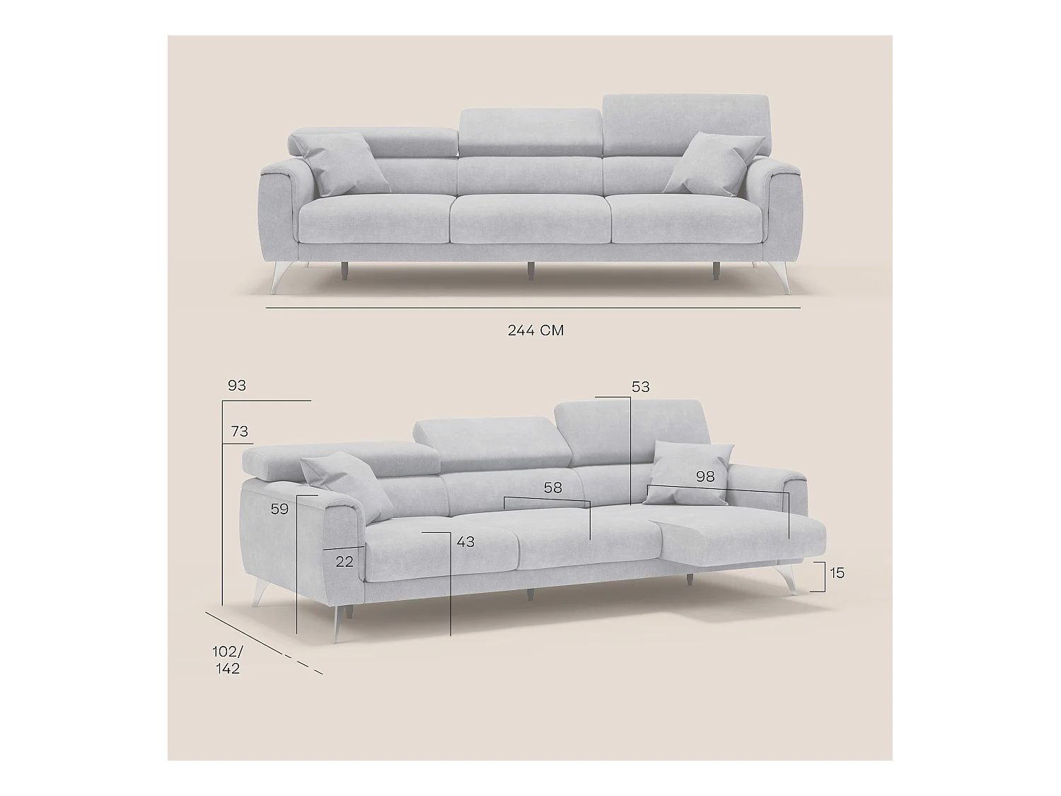 Caravaggio Canapé 3 assises extensibles en tissu imperméable T02 244 cm Beige