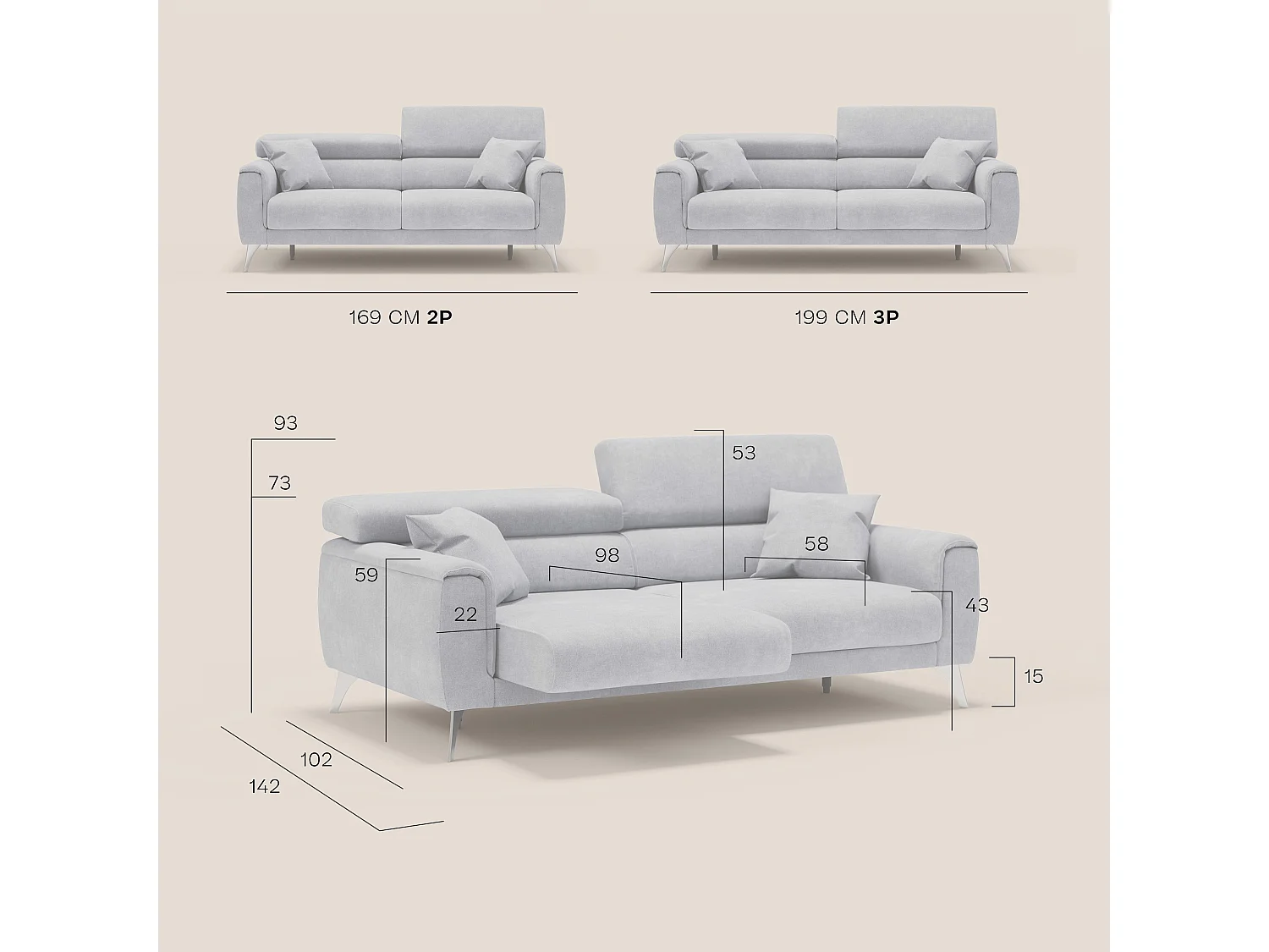 Caravaggio Canapé avec assises coulissantes en tissu doux imperméable T02 169 cm Gris