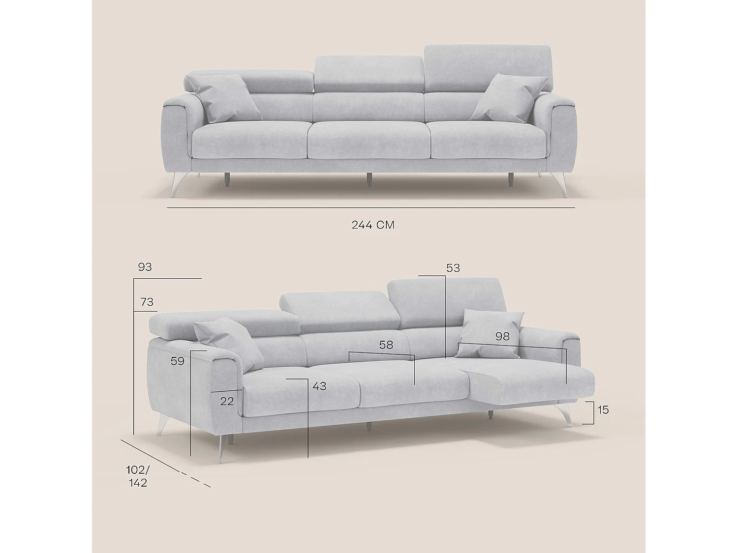Caravaggio Sofa mit 3 unabhängigen ausziehbaren Sitzen und verstellbaren Kopfstützen aus wasserfestem Stoff T02 244 cm Schwarz