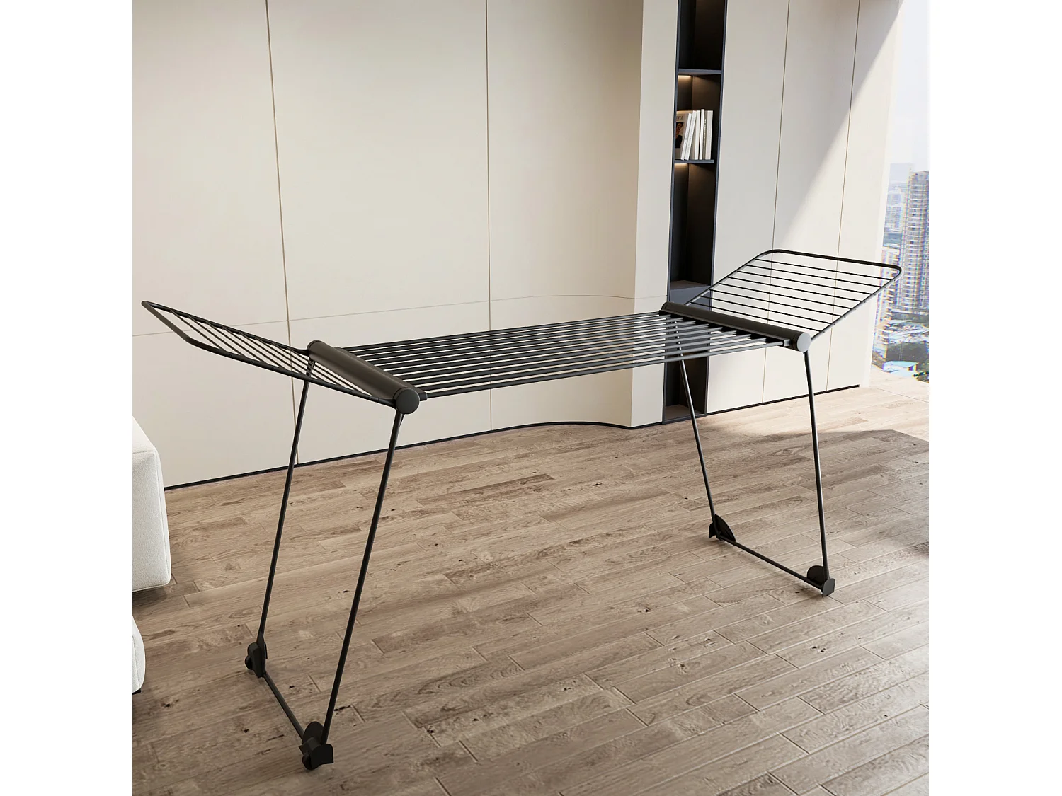 Stendibiancheria Estensibile Fino a 2 Metri Griglia Telescopica 30 M di Stenditura Uso Interno Esterno Con Ruote Richiudibile 218-300 x 55 x 126 cm (Nero Opaco)