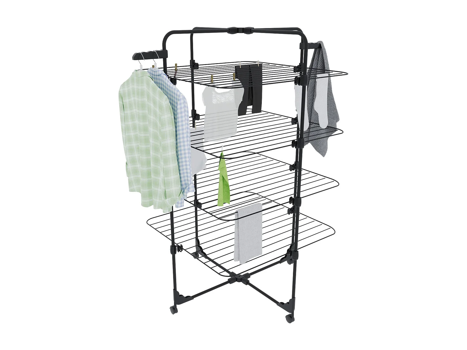 Stendibiancheria Da Pavimento Con Rotelle Stendino A Torre Verticale In Acciaio Con 4 Ripiani e 2 Appendi Grucce 168.5 x 71 x 71 Cm (Nero Opaco)