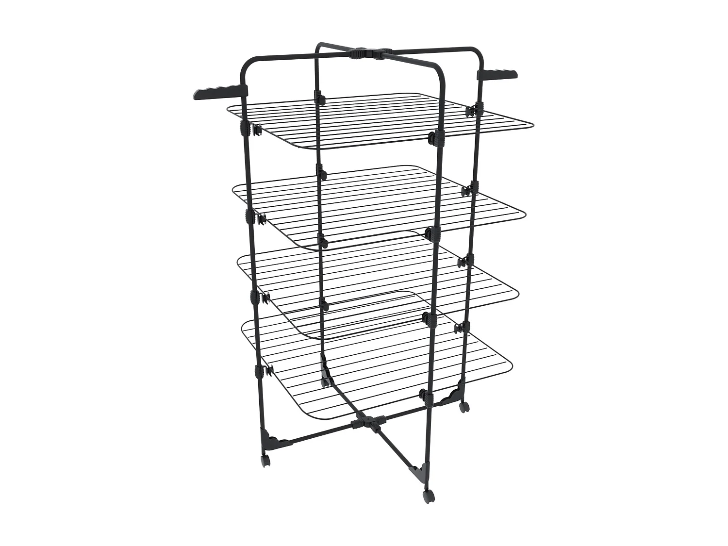 Stendibiancheria Da Pavimento Con Rotelle Stendino A Torre Verticale In Acciaio Con 4 Ripiani e 2 Appendi Grucce 168.5 x 71 x 71 Cm (Nero Opaco)