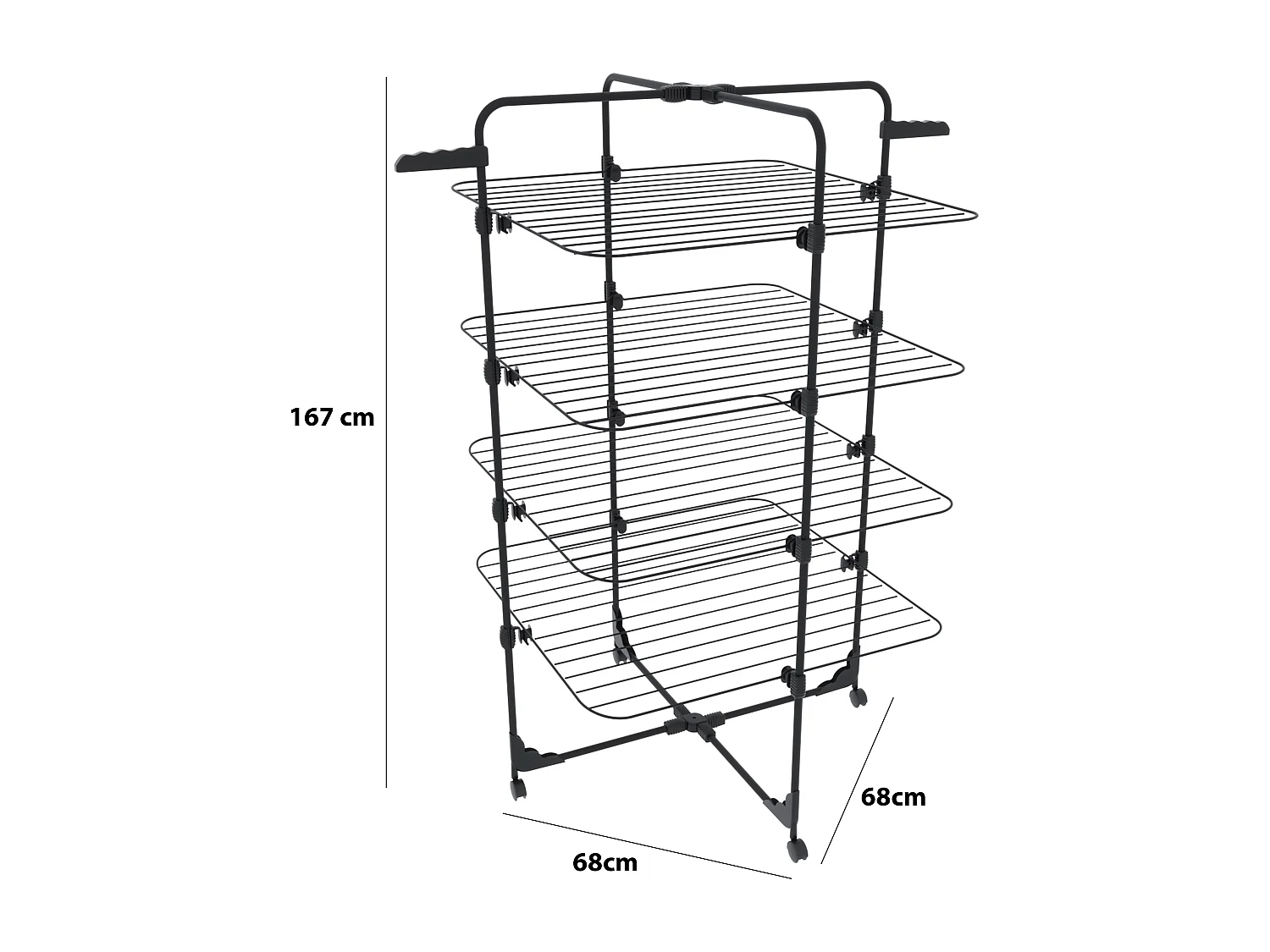 Stendibiancheria Da Pavimento Con Rotelle Stendino A Torre Verticale In Acciaio Con 4 Ripiani e 2 Appendi Grucce 168.5 x 71 x 71 Cm (Nero Opaco)