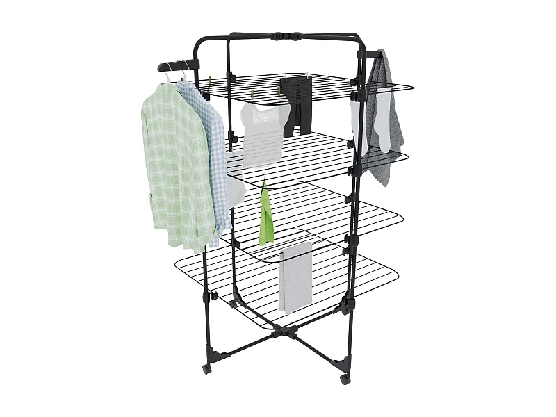 Stendibiancheria Da Pavimento Con Rotelle Stendino A Torre Verticale In Acciaio Con 4 Ripiani e 2 Appendi Grucce 168.5 x 71 x 71 Cm (Nero Opaco)