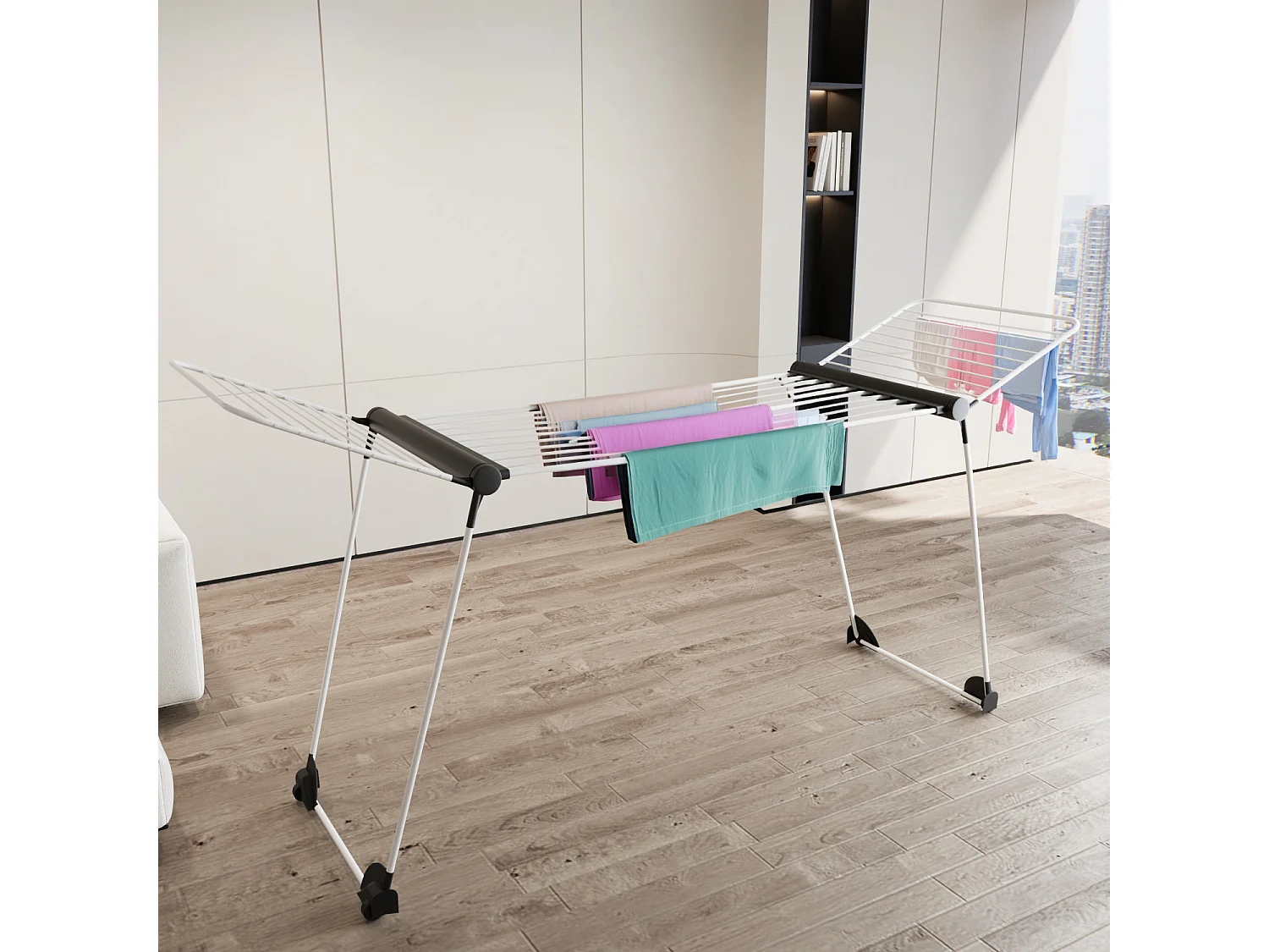 Stendibiancheria Estensibile Fino a 2 Metri Griglia Telescopica 30 M di Stenditura Stendino Ali Alte Uso Interno Esterno Con Ruote 218-300x55x126 cm Bianco