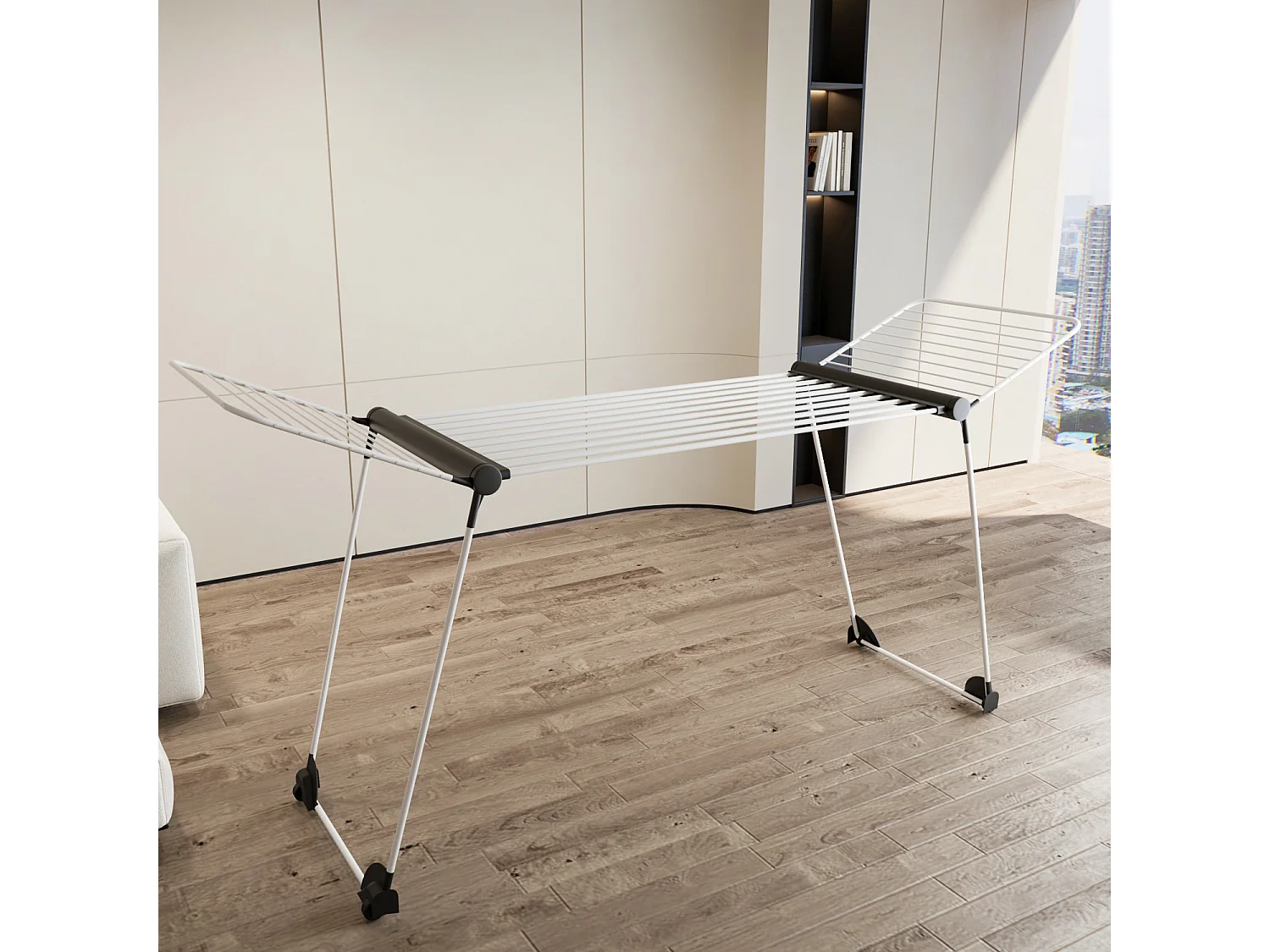 Stendibiancheria Estensibile Fino a 2 Metri Griglia Telescopica 30 M di Stenditura Stendino Ali Alte Uso Interno Esterno Con Ruote 218-300x55x126 cm Bianco