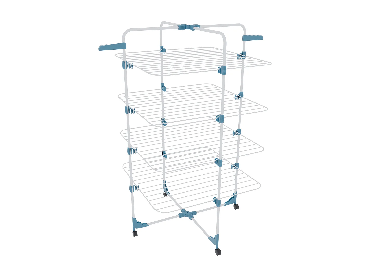 Stendibiancheria Da Pavimento Con Rotelle Stendino A Torre Verticale In Acciaio Con 4 Ripiani e 2 Appendi Grucce 168.5 x 71 x 71 Cm (Bianco E Blu)