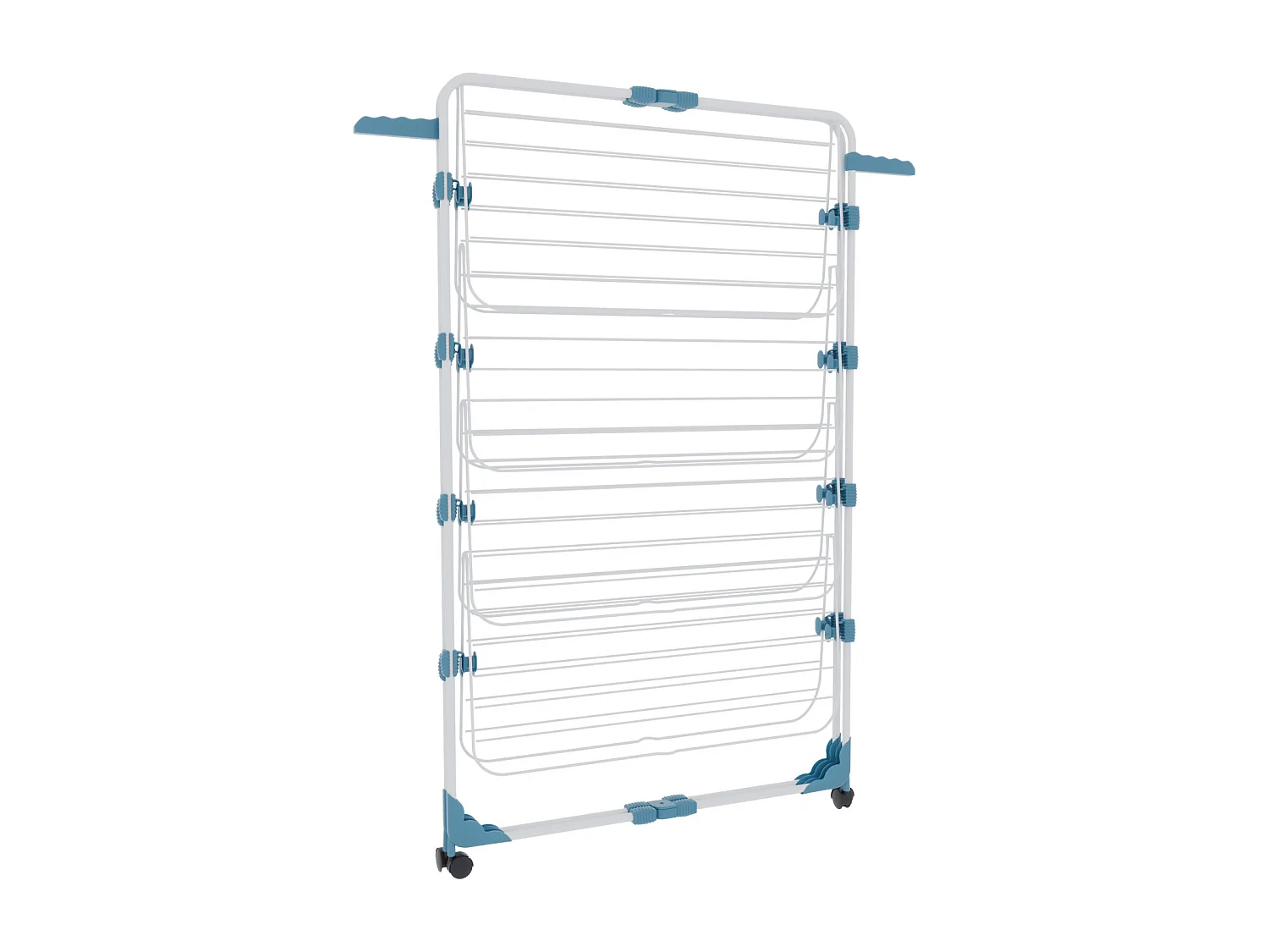 Stendibiancheria Da Pavimento Con Rotelle Stendino A Torre Verticale In Acciaio Con 4 Ripiani e 2 Appendi Grucce 168.5 x 71 x 71 Cm (Bianco E Blu)