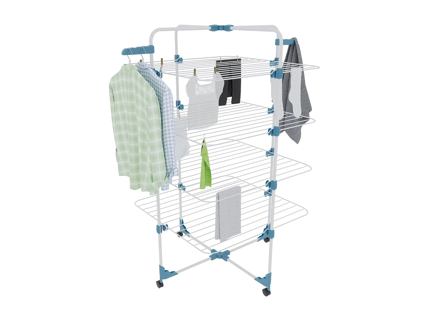 Stendibiancheria Da Pavimento Con Rotelle Stendino A Torre Verticale In Acciaio Con 4 Ripiani e 2 Appendi Grucce 168.5 x 71 x 71 Cm (Bianco E Blu)