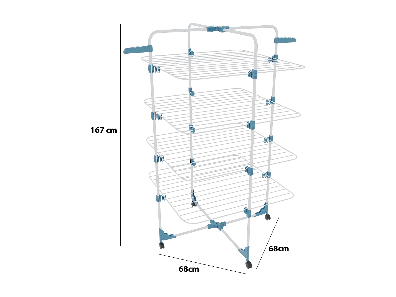 Stendibiancheria Da Pavimento Con Rotelle Stendino A Torre Verticale In Acciaio Con 4 Ripiani e 2 Appendi Grucce 168.5 x 71 x 71 Cm (Bianco E Blu)