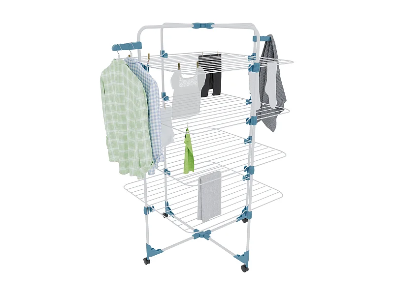 Stendibiancheria Da Pavimento Con Rotelle Stendino A Torre Verticale In Acciaio Con 4 Ripiani e 2 Appendi Grucce 168.5 x 71 x 71 Cm (Bianco E Blu)