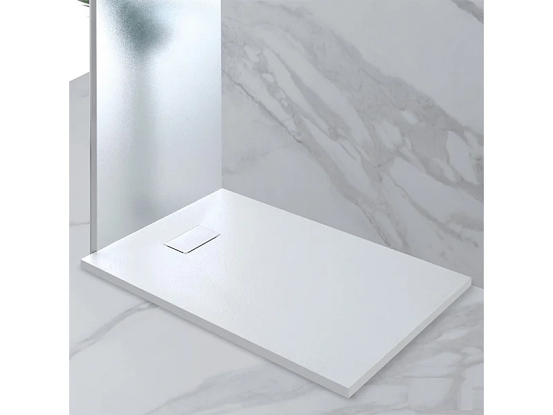 Piatto Doccia Spessore 2.6 Cm Resina SMC Effetto Pietra Stone Ardesia Antiscivolo Riducibile Filopavimento Con Griglia Di Copertura Bianco 70x150 Cm