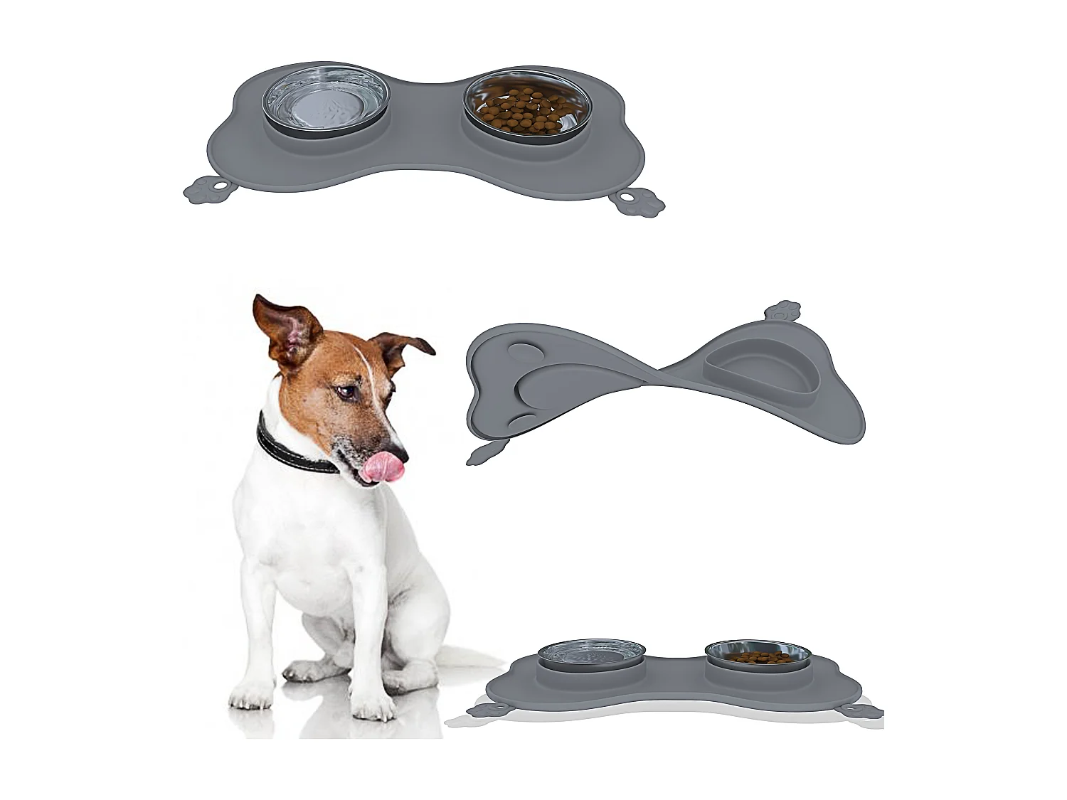 Ciotole Per Cani Gatti 3 In 1 Doppia Ciotola Acciaio Inox Cibo Croccantini Acqua Tappetino In Silicone Antiribaltamento Antiscivolo Con Ventose (52 x 35 Cm, Grigio)