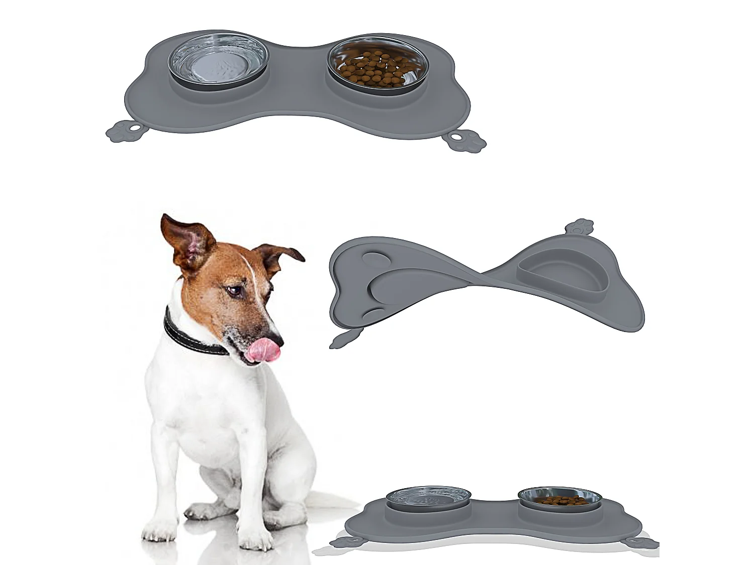 Ciotole Per Cani Gatti 3 In 1 Doppia Ciotola Acciaio Inox Cibo Croccantini Acqua Tappetino In Silicone Antiribaltamento Antiscivolo Con Ventose (52 x 35 Cm, Grigio)