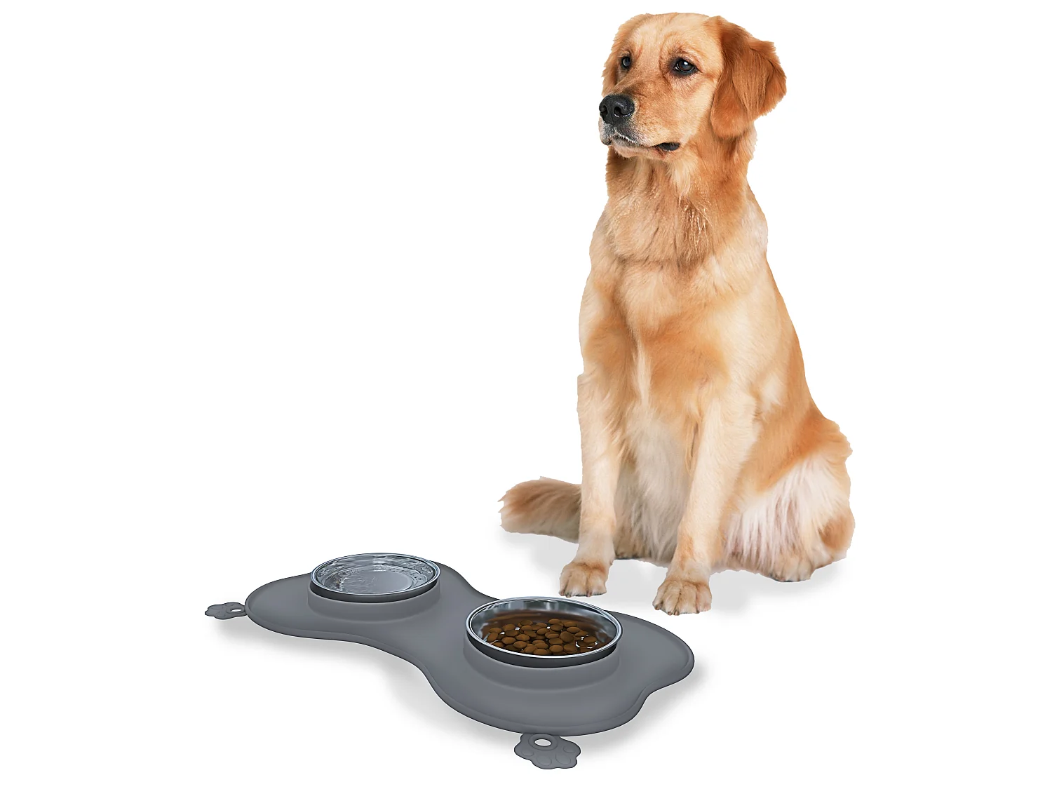 Ciotole Per Cani Gatti 3 In 1 Doppia Ciotola Acciaio Inox Cibo Croccantini Acqua Tappetino In Silicone Antiribaltamento Antiscivolo Con Ventose (52 x 35 Cm, Grigio)