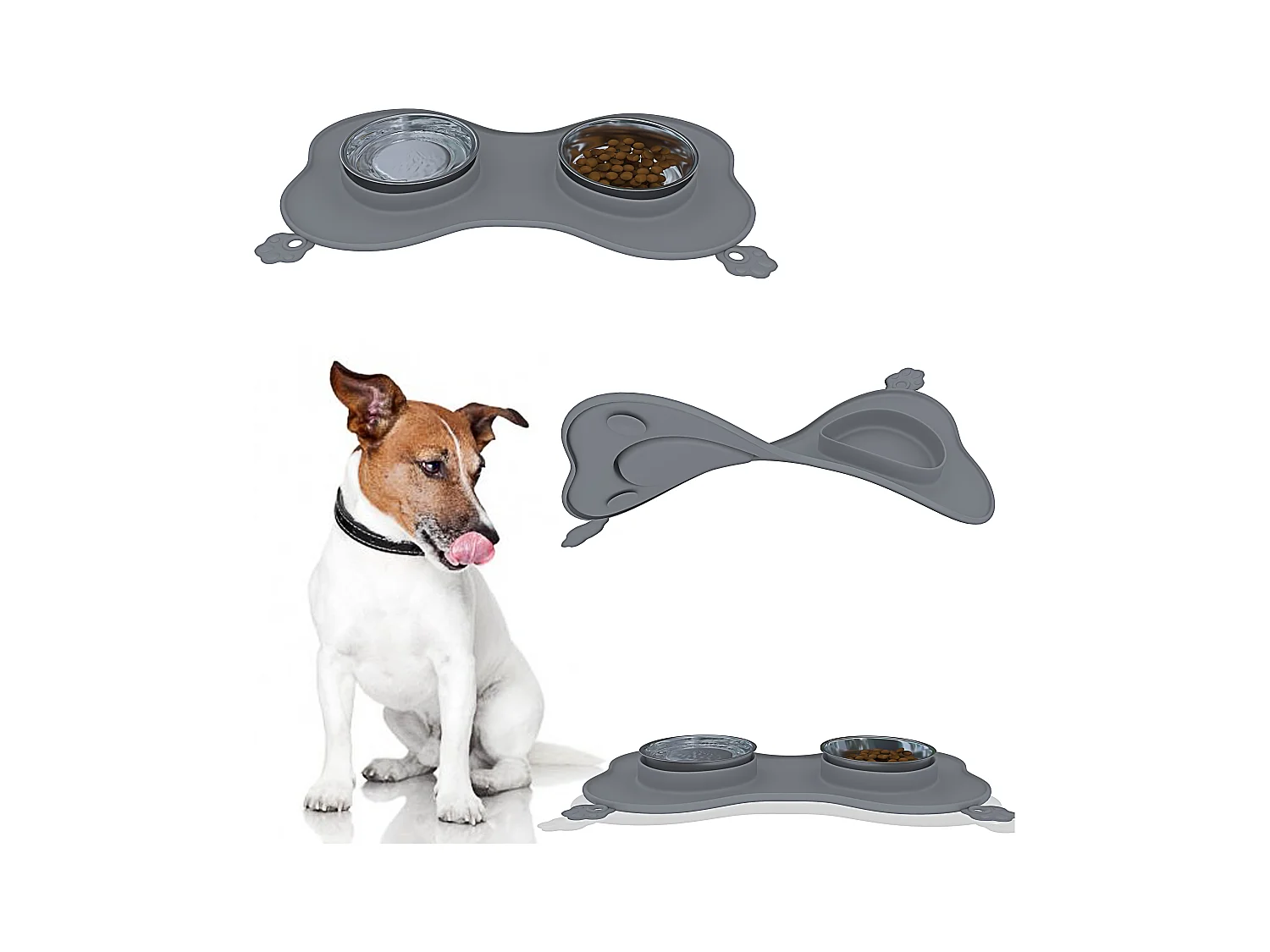 Barrow - Ciotole per cani in acciaio inox con tappetini in silicone grigio 35 x 25 x 3 cm