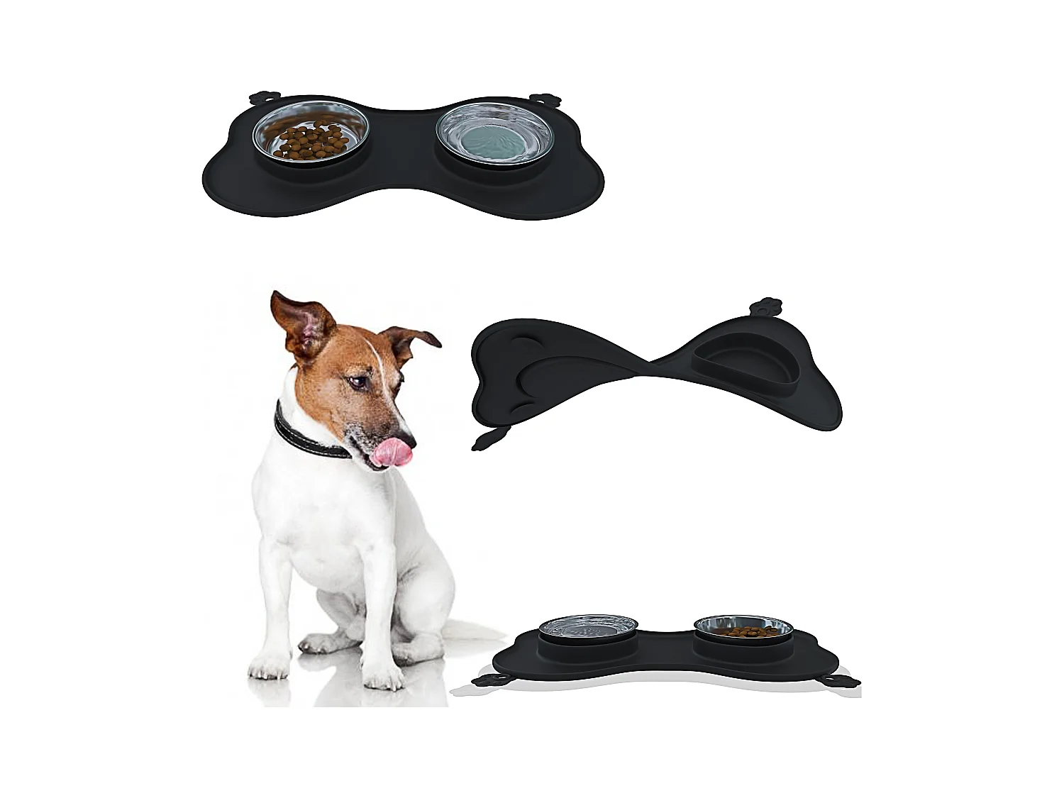 Barrow L - Ciotole per cani in acciaio inox con tappetini in silicone nero 52 x 35 x 3.5 cm