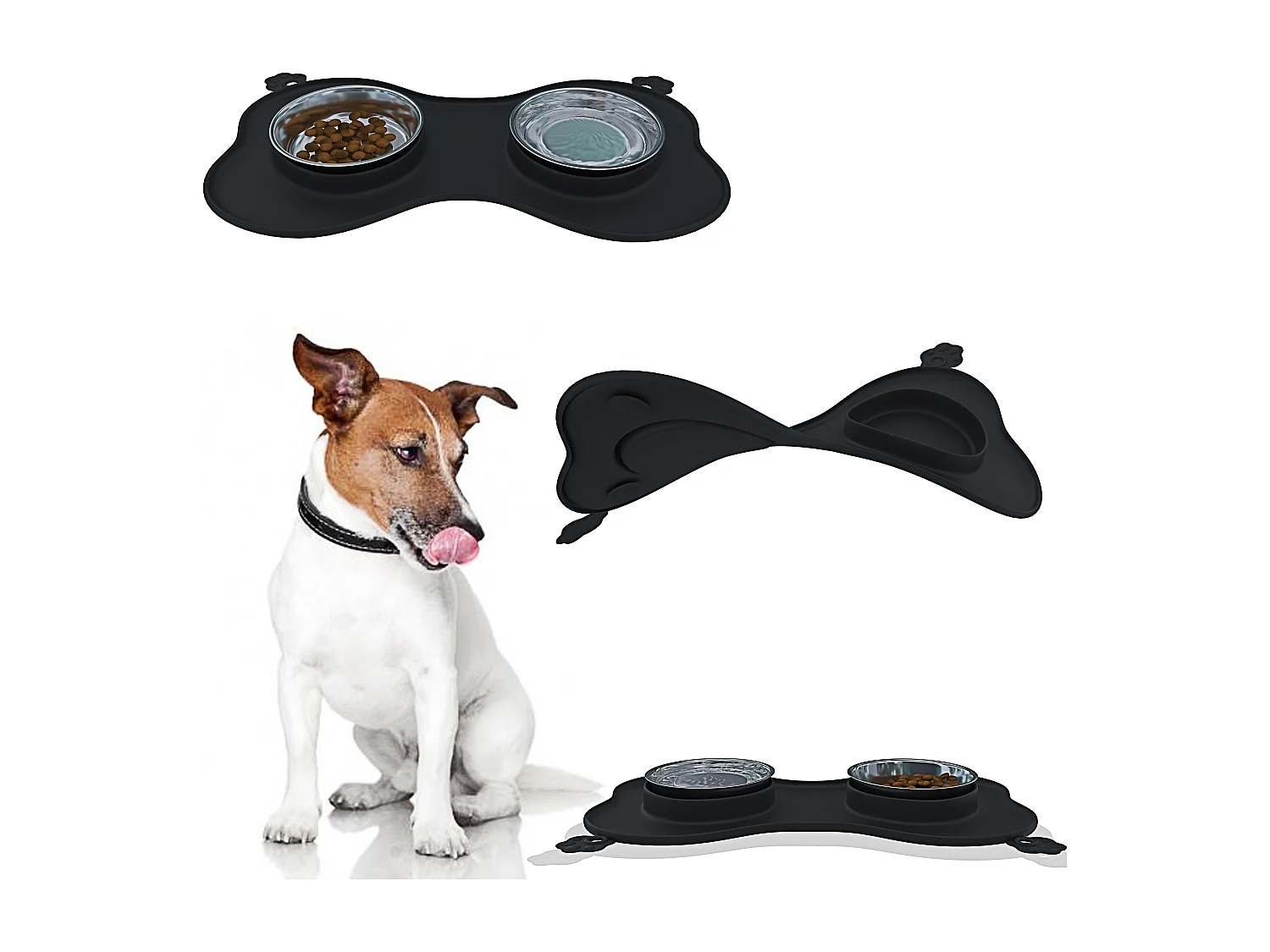 Ciotole Per Cani Gatti 3 In 1 Doppia Ciotola In Acciaio Inox Cibo Croccantini Tappetino In Silicone Antiribaltamento Antiscivolo Con Ventose (52 x 35 Cm, Nero)