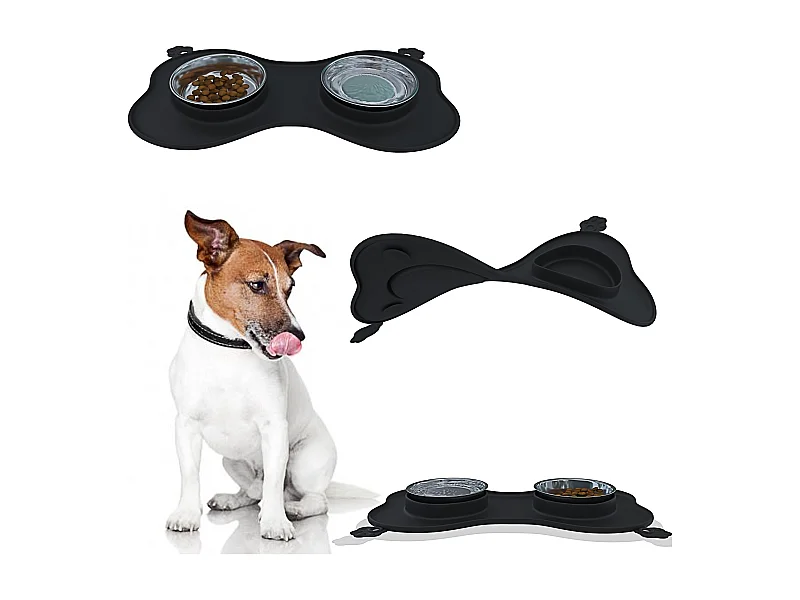Ciotole Per Cani Gatti 3 In 1 Doppia Ciotola In Acciaio Inox Cibo Croccantini Tappetino In Silicone Antiribaltamento Antiscivolo Con Ventose (52 x 35 Cm, Nero)