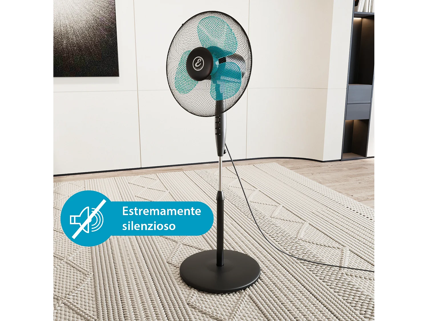 Ventilatore A Piantana Potente Da 50W Per Pavimento Pale Da 40 Cm Silenzioso 3 Velocità Oscillante Griglia Di Protezione Colore Nero e Azzurro