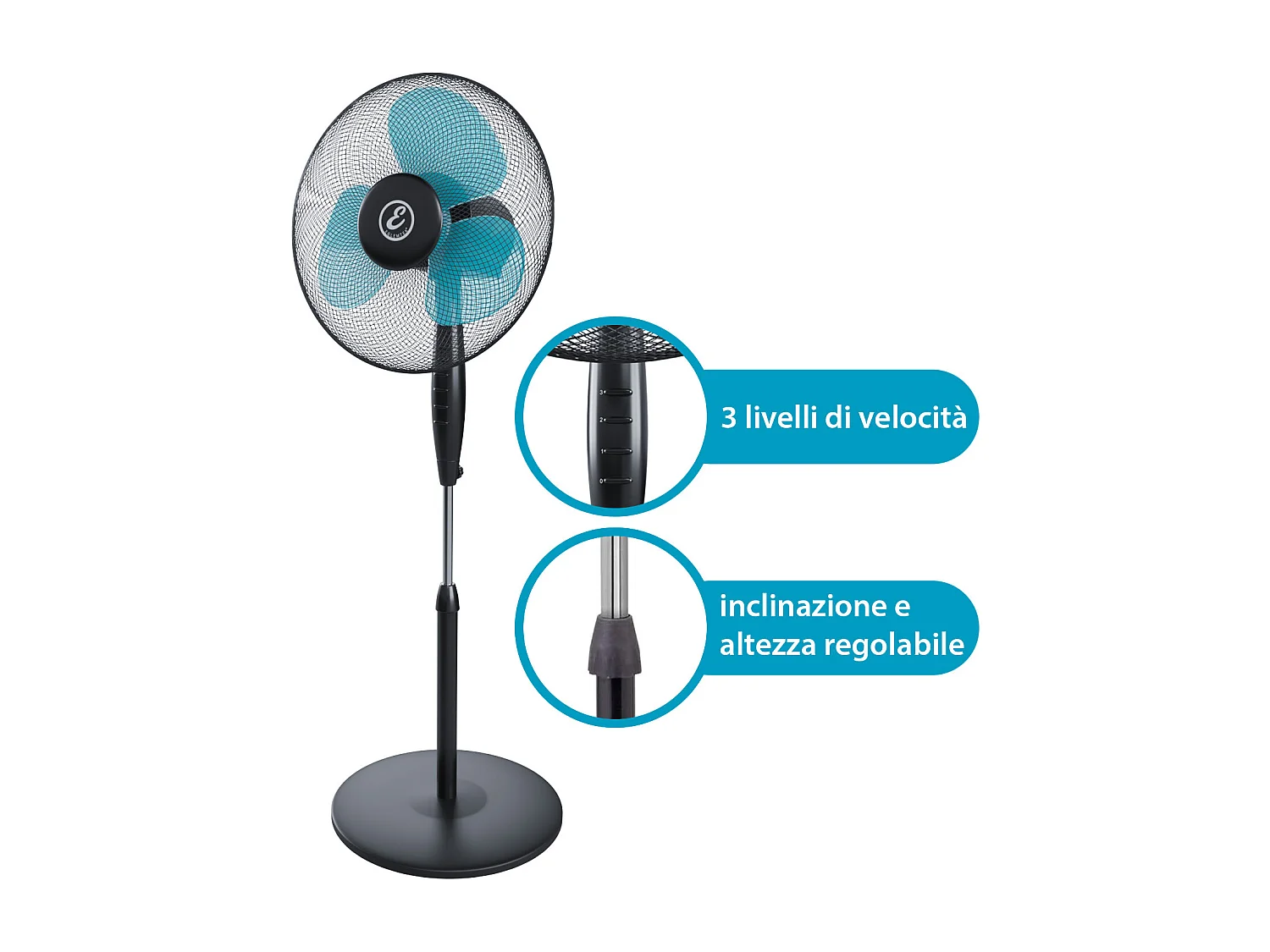Ventilatore A Piantana Potente Da 50W Per Pavimento Pale Da 40 Cm Silenzioso 3 Velocità Oscillante Griglia Di Protezione Colore Nero e Azzurro