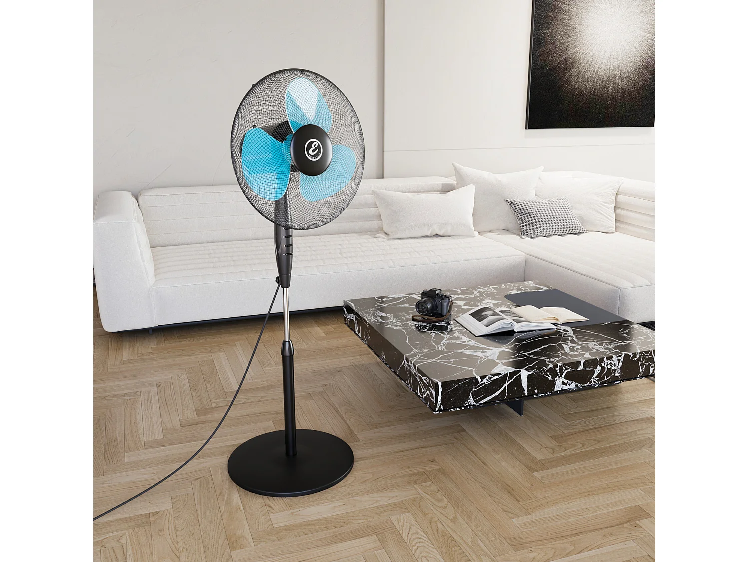 Ventilatore A Piantana Potente Da 50W Per Pavimento Pale Da 40 Cm Silenzioso 3 Velocità Oscillante Griglia Di Protezione Colore Nero e Azzurro