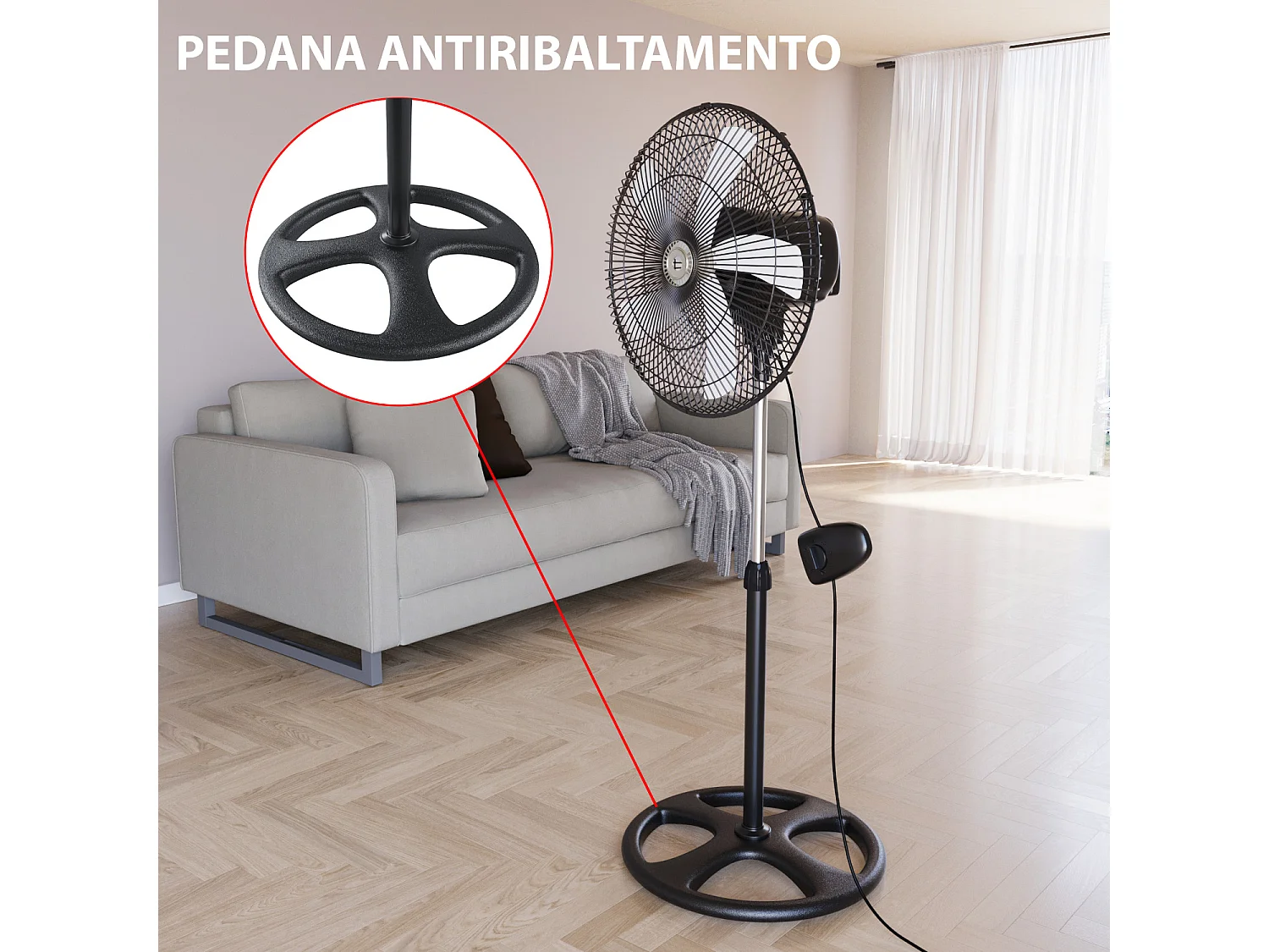 Ventilatore A Piantana Potente Da 70W Per Pavimento 5 Pale In Acciaio Da 42 Cm Silenzioso 3 Velocità Oscillante Altezza Regolabili Griglia Di Protezione Colore Nero