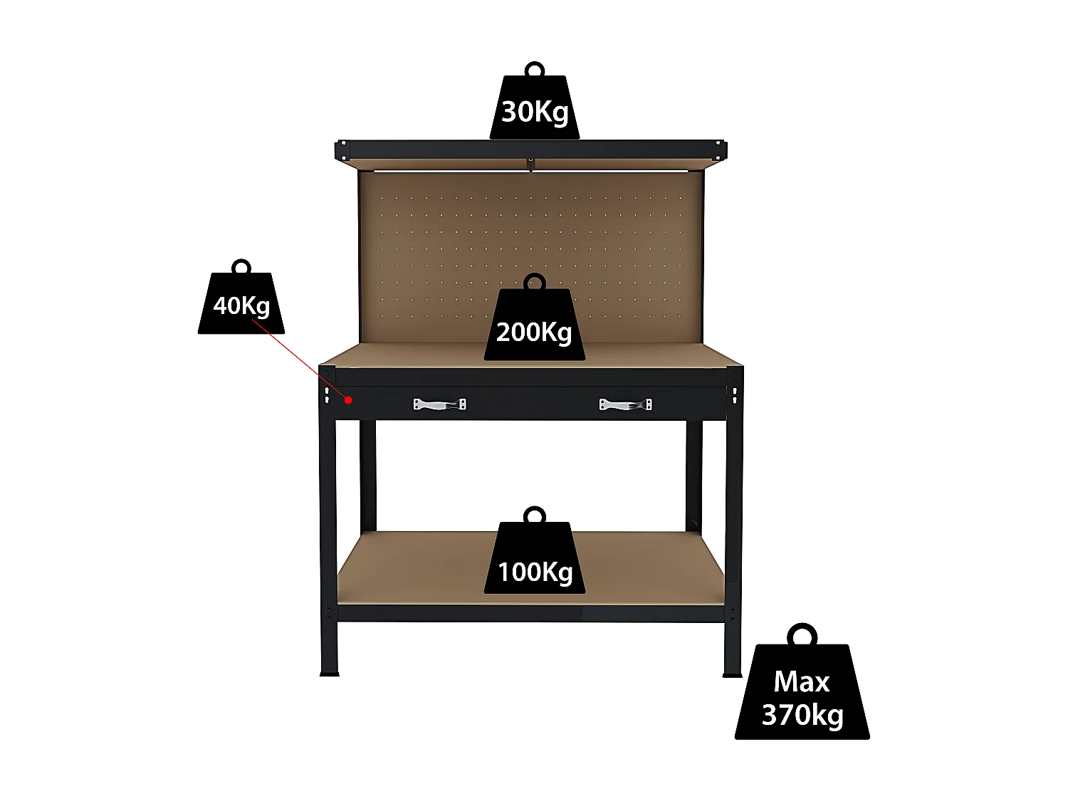 Banco Tavolo Da Lavoro 3 Livelli 120 x 60 Cm Max 370 Kg Cassetto Parete Pannello Forato Porta Attrezzi Utensili Garage Officina Cantina Magazzino Nero