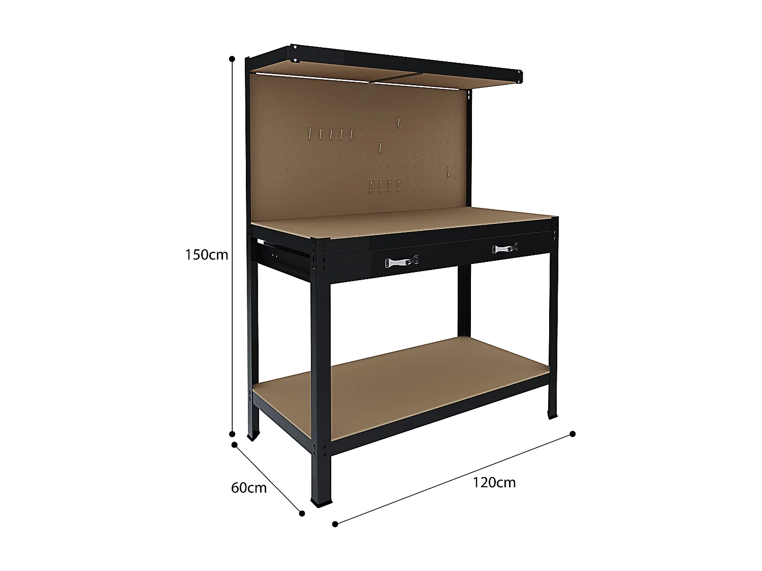 Banco Tavolo Da Lavoro 3 Livelli 120 x 60 Cm Max 370 Kg Cassetto Parete Pannello Forato Porta Attrezzi Utensili Garage Officina Cantina Magazzino Nero