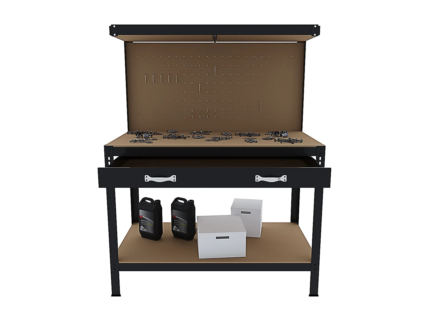 Banco Tavolo Da Lavoro 3 Livelli 120 x 60 Cm Max 370 Kg Cassetto Parete Pannello Forato Porta Attrezzi Utensili Garage Officina Cantina Magazzino Nero