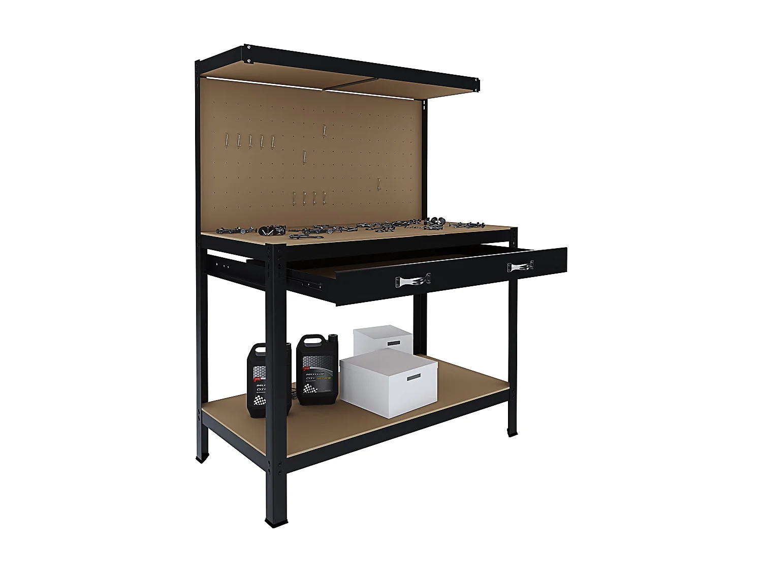 Banco Tavolo Da Lavoro 3 Livelli 120 x 60 Cm Max 370 Kg Cassetto Parete Pannello Forato Porta Attrezzi Utensili Garage Officina Cantina Magazzino Nero