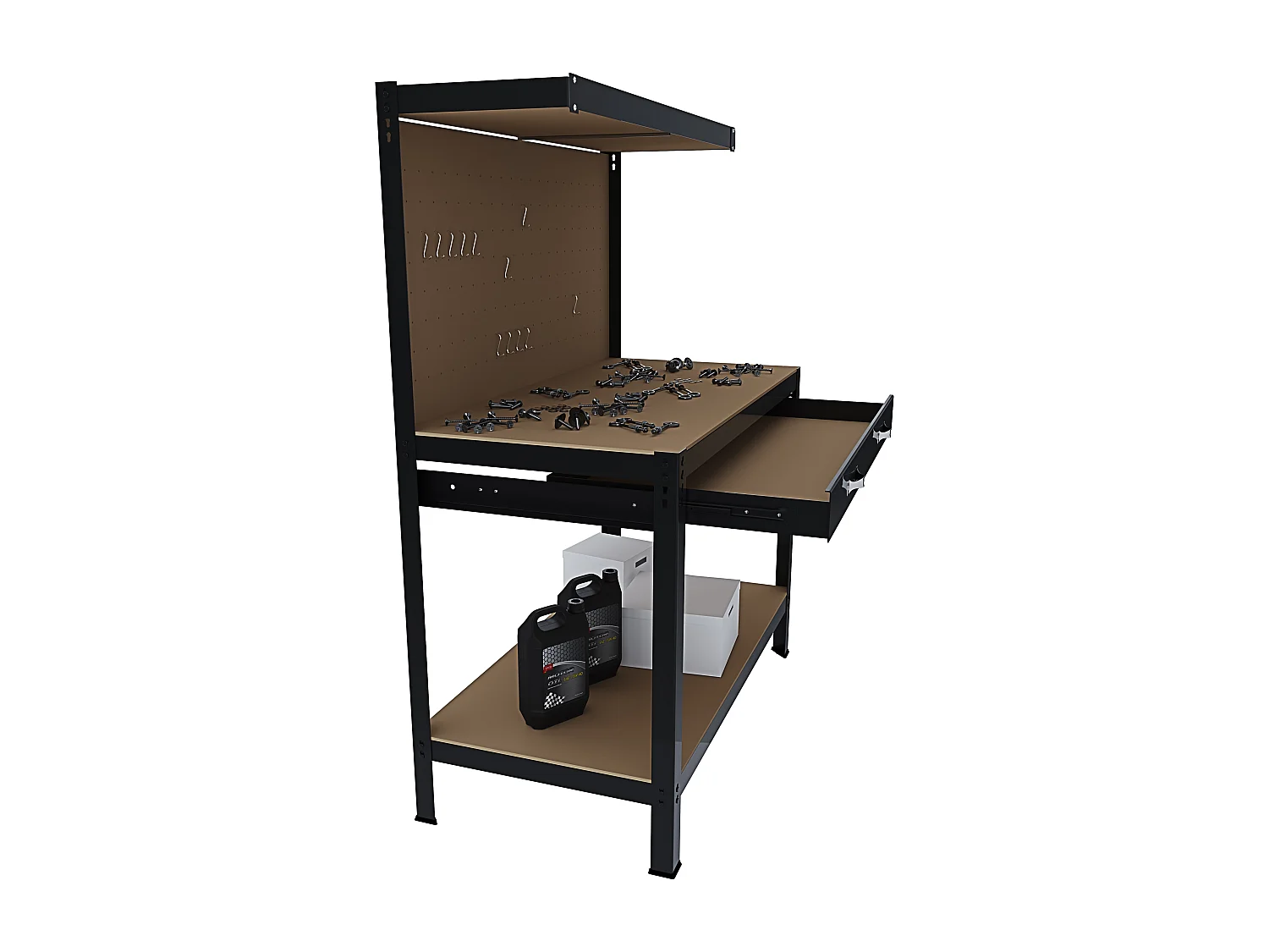 Banco Tavolo Da Lavoro 3 Livelli 120 x 60 Cm Max 370 Kg Cassetto Parete Pannello Forato Porta Attrezzi Utensili Garage Officina Cantina Magazzino Nero