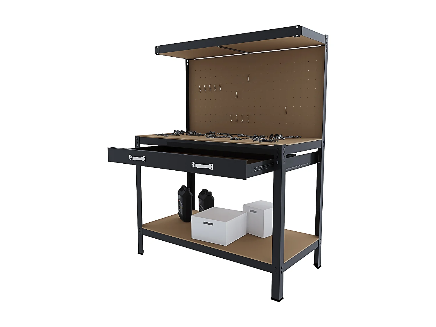 Banco Tavolo Da Lavoro 3 Livelli 120 x 60 Cm Max 370 Kg Cassetto Parete Pannello Forato Porta Attrezzi Utensili Garage Officina Cantina Magazzino Nero