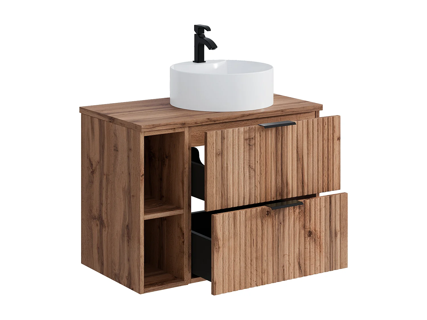 Geribbeld hangmeubel voor badkamer met nissen en ronde opbouwwastafel - Licht naturel - L80 cm - ZEVARA