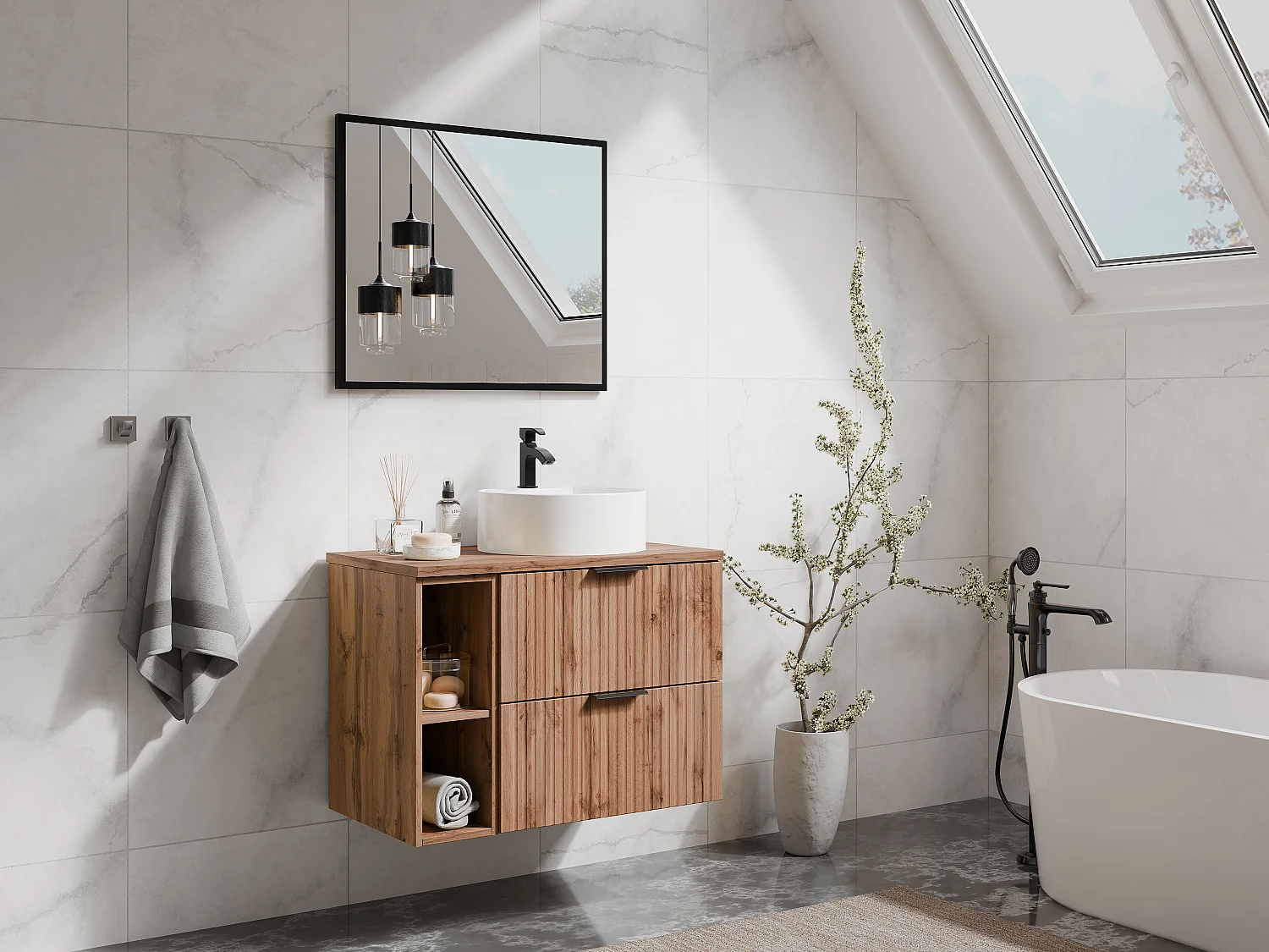 Meuble de salle de bain suspendu strié avec niches et vasque à poser ronde - Naturel clair - L80 cm - ZEVARA