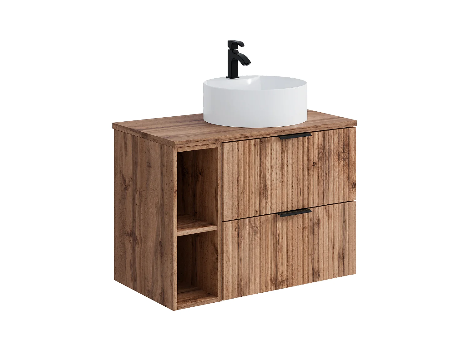 Mobile per bagno sospeso con scanalature con nicchie e lavabo da appoggio tondo L80cm Naturale chiaro - ZEVARA