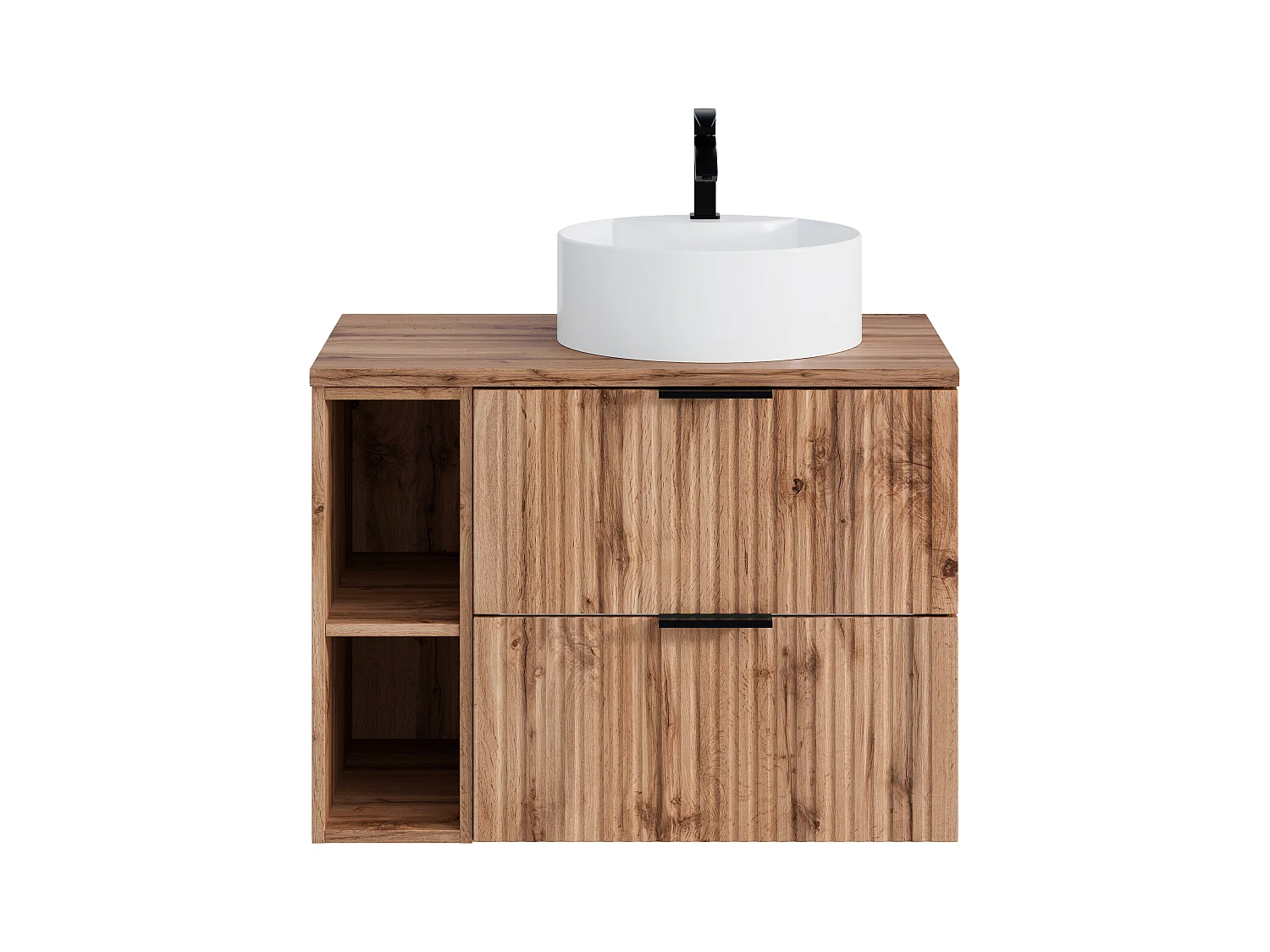Mobile per bagno sospeso con scanalature con nicchie e lavabo da appoggio tondo L80cm Naturale chiaro - ZEVARA