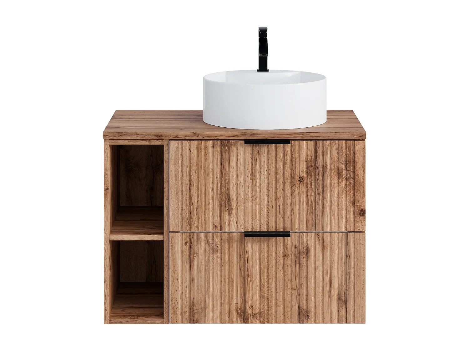 Meuble de salle de bain suspendu strié avec niches et vasque à poser ronde - Naturel clair - L80 cm - ZEVARA