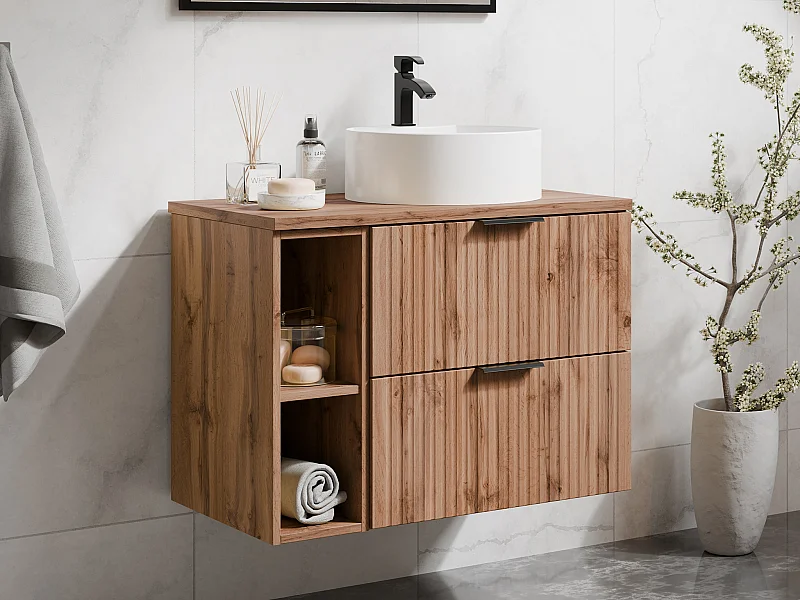 Meuble de salle de bain suspendu strié avec niches et vasque à poser ronde - Naturel clair - L80 cm - ZEVARA