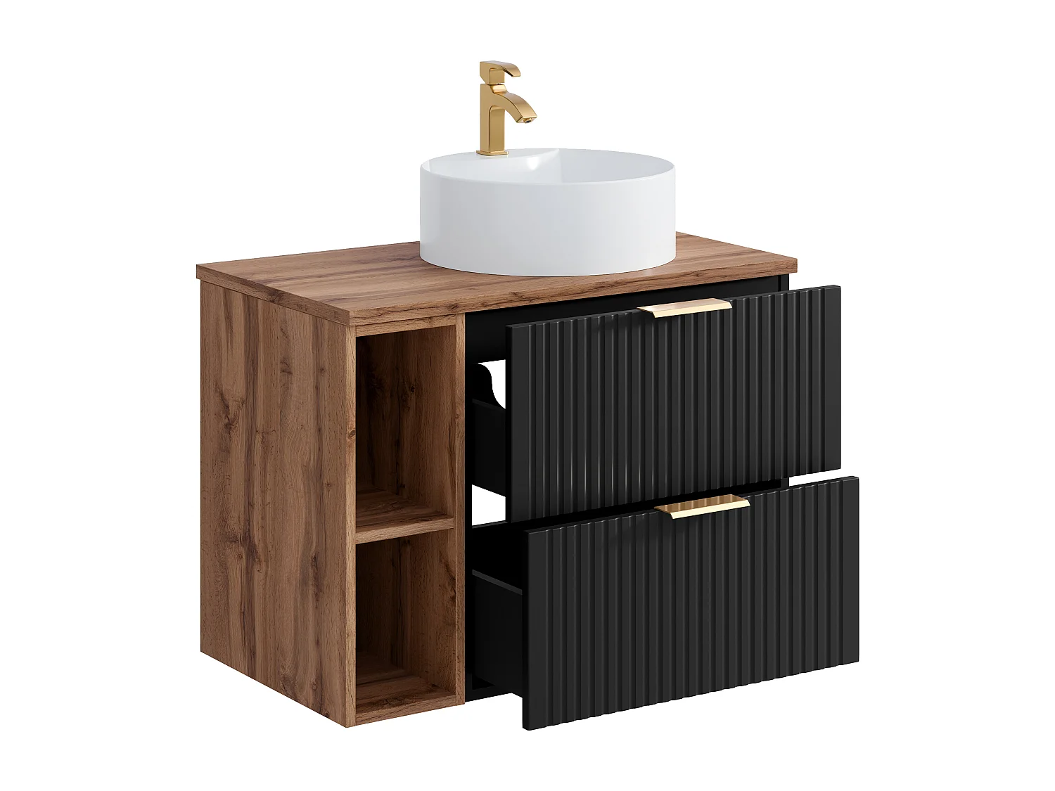 Meuble de salle de bain suspendu strié avec niches et vasque à poser ronde - Noir et naturel clair - L80 cm - ZEVARA