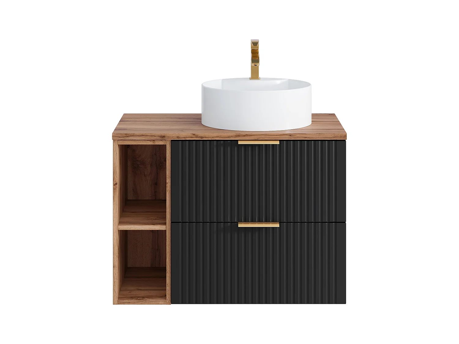Hangend geribbeld badkamermeubel met nissen en ronde opbouwwastafel - Zwart en licht naturel - L80 cm - ZEVARA