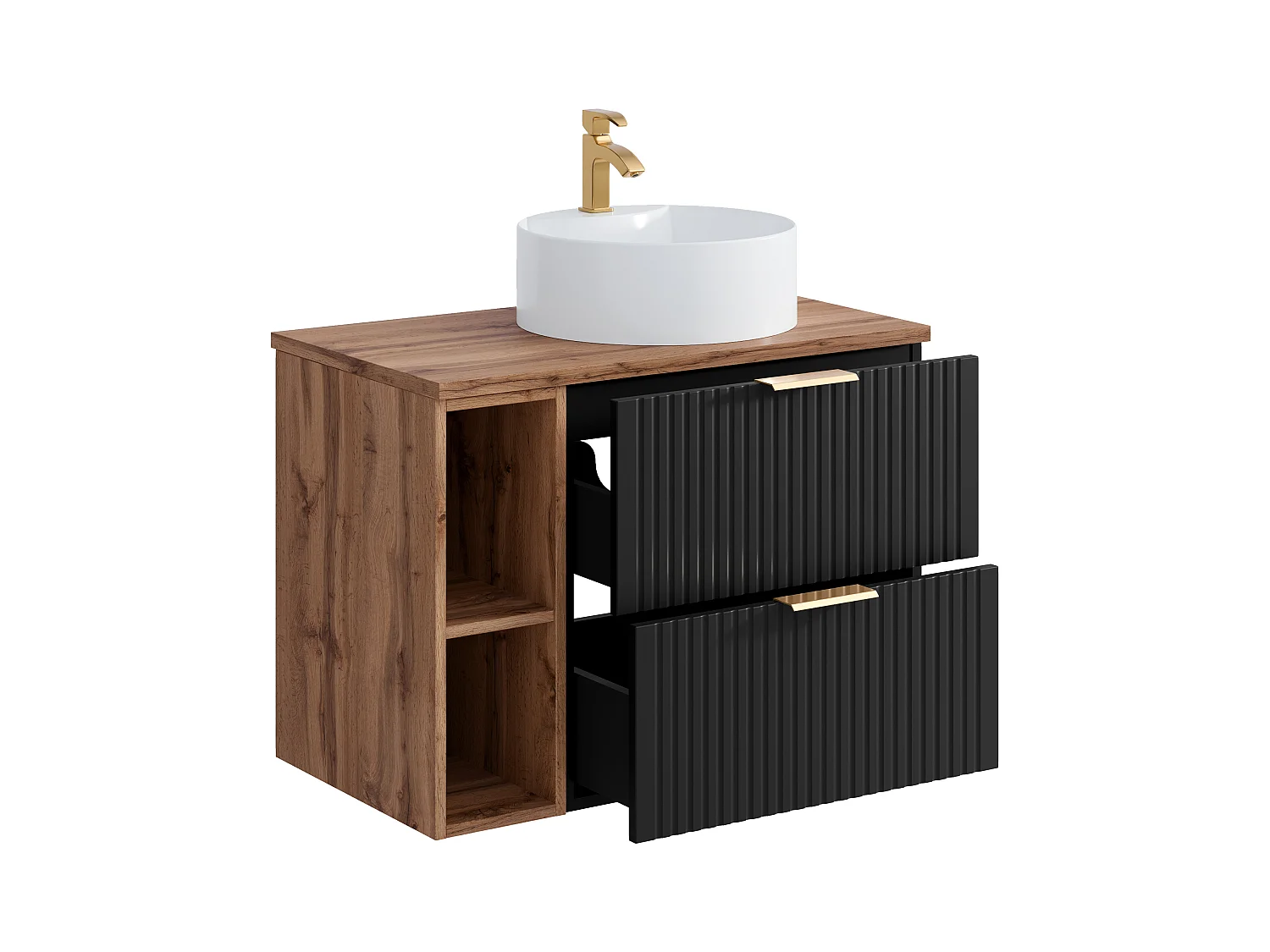 Hangend geribbeld badkamermeubel met nissen en ronde opbouwwastafel - Zwart en licht naturel - L80 cm - ZEVARA