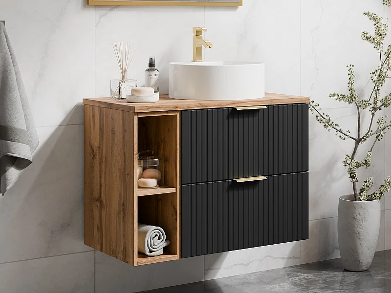 Hangend geribbeld badkamermeubel met nissen en ronde opbouwwastafel - Zwart en licht naturel - L80 cm - ZEVARA